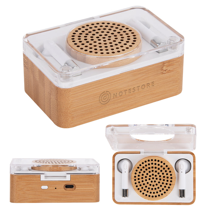 24445 Block Party Bamboo Speaker & Wireless Earbuds